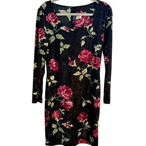 Black Velvet Rose Dress Long Sleeve Whimsygoth Dark Floral Romantic Witchy